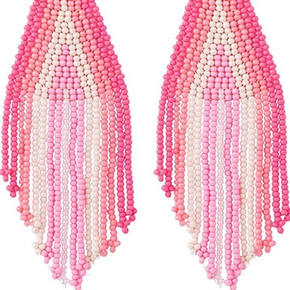 Long 4.5" Pink Striped Earrings Handmade Oversized Beaded Bohemian Seed Beads - Picture 3 of 4